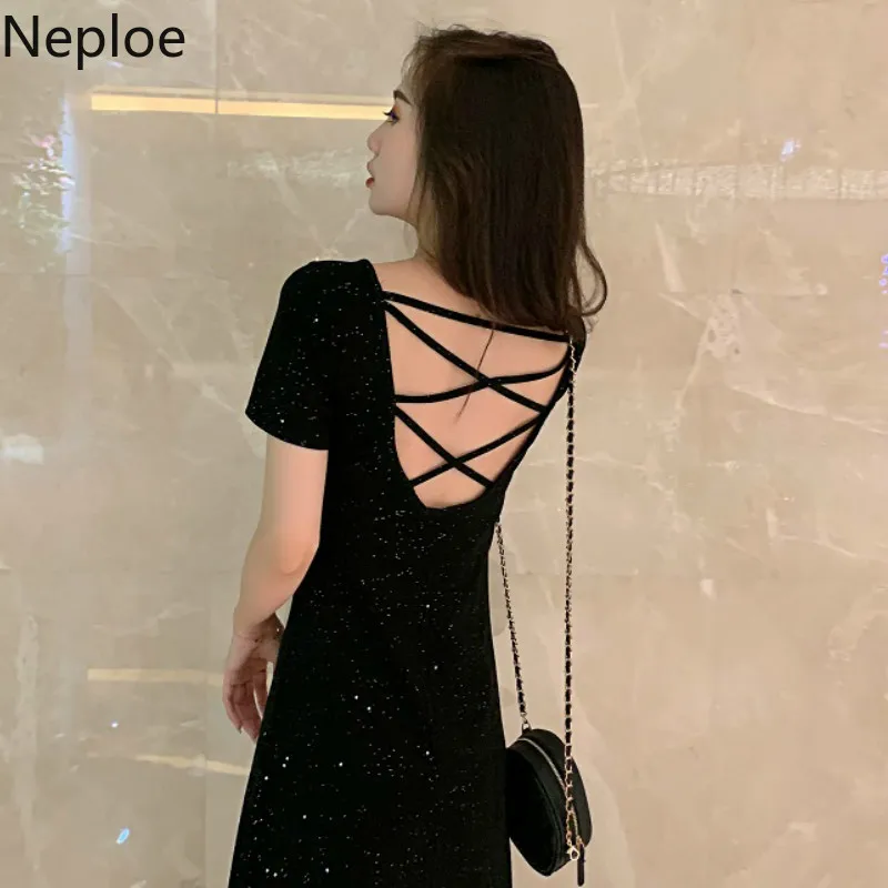 Neploe Bling Cross Drawstring женское платье Лето 2019 новое с круглым вырезом и коротким