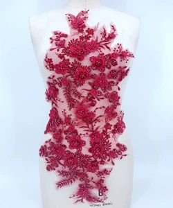 sew on bead rhinestones wine Three-dimensional flowers lace applique crystals trim patches 62*32cm for dress DIY accessories | Дом и сад
