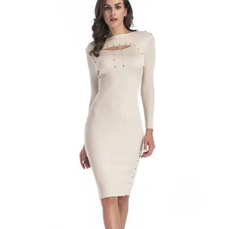 Высокое качество женские вязаные зимние платья с длинным рукавом сексуальное