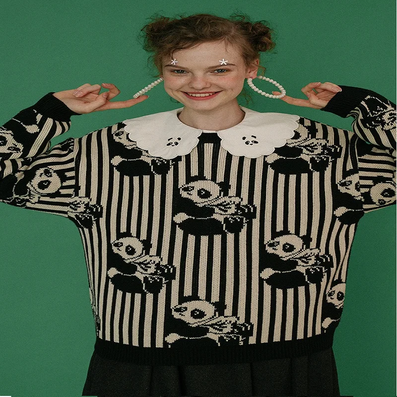 Весна зима высокое качество оригинальный дизайн женский полосатый свитер