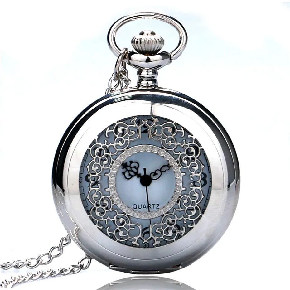 

Antique Hollow Silver/Black Color Tone Quartz Pocket Watch Necklace Pendant Women Men Watches Fob Clock Hour Christmas Gifts