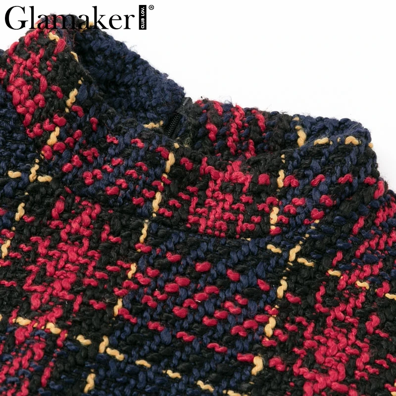 Glamaker, клетчатое сексуальное зимнее теплое платье с кисточками, женское офисное короткое твидовое платье со стоячим воротником, элегантное женское модное платье vestidos