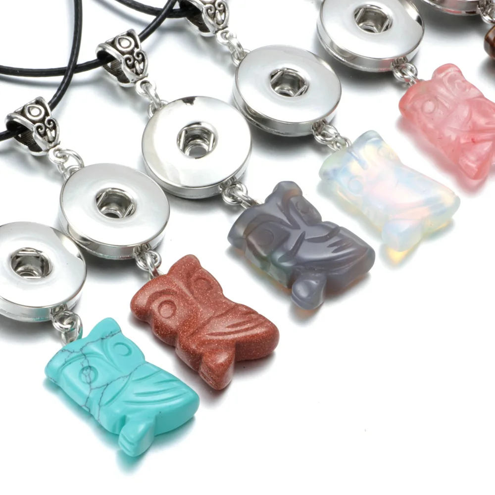 DZ1722h High quality Natural Stone leather Necklace Fit 18mm Snap Button White crystal Owl Pendant Snaps Jewelry | Украшения и