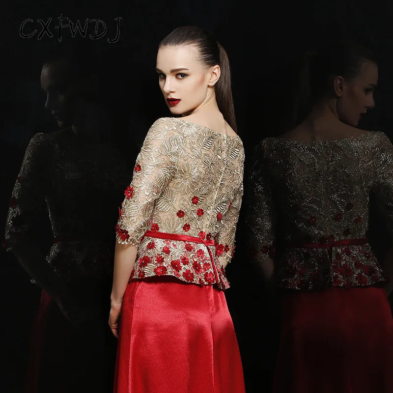 Ручная работа пользовательский атлас Ткань Благородный средний рукав женская