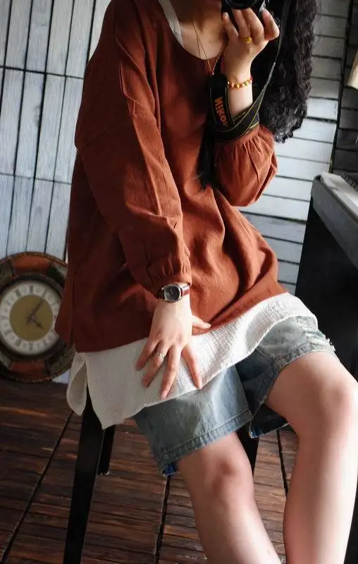 Асимметричная 2017 Осенняя Базовая свободная футболка с круглым вырезом короткая