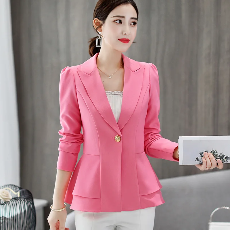 Pink Короткие пальто для деловых женщин, модная маленькая тонкая талия, Пеплум стиль, элегантная офисная Дамская деловая короткая черная куртка на одной пуговице - Цвет: Pink