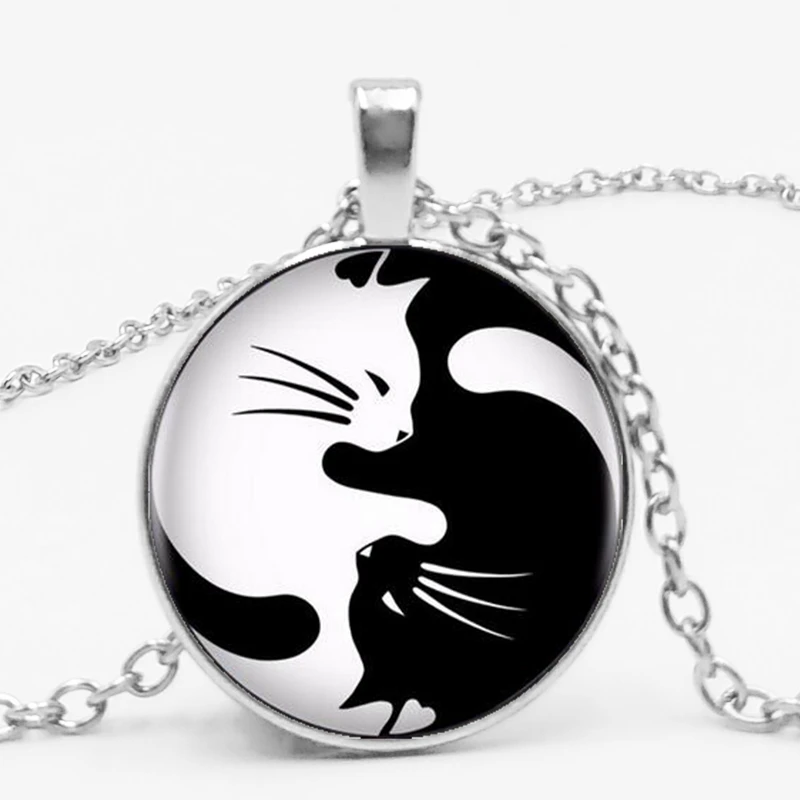 

Модное винтажное ожерелье в стиле ретро с двумя кошками, стеклянная подвеска, Ожерелье В Стиле Инь-Янь с кошкой и рыбой, модное мужское ожерелье, индивидуальный заказ