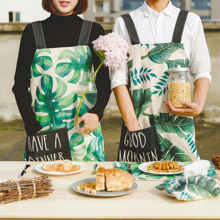 

Nordic style Cotton printing aprons Green plant pattern Thickening apron for Baker Bar BBQ Work Wear 01