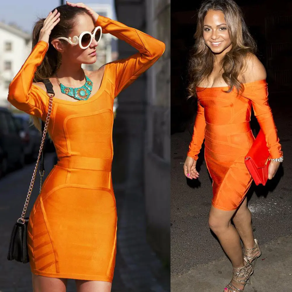 top quality orange long sleeve off shoulder hl bodycon 2018 new arrivals rayon bandage dress | Женская одежда