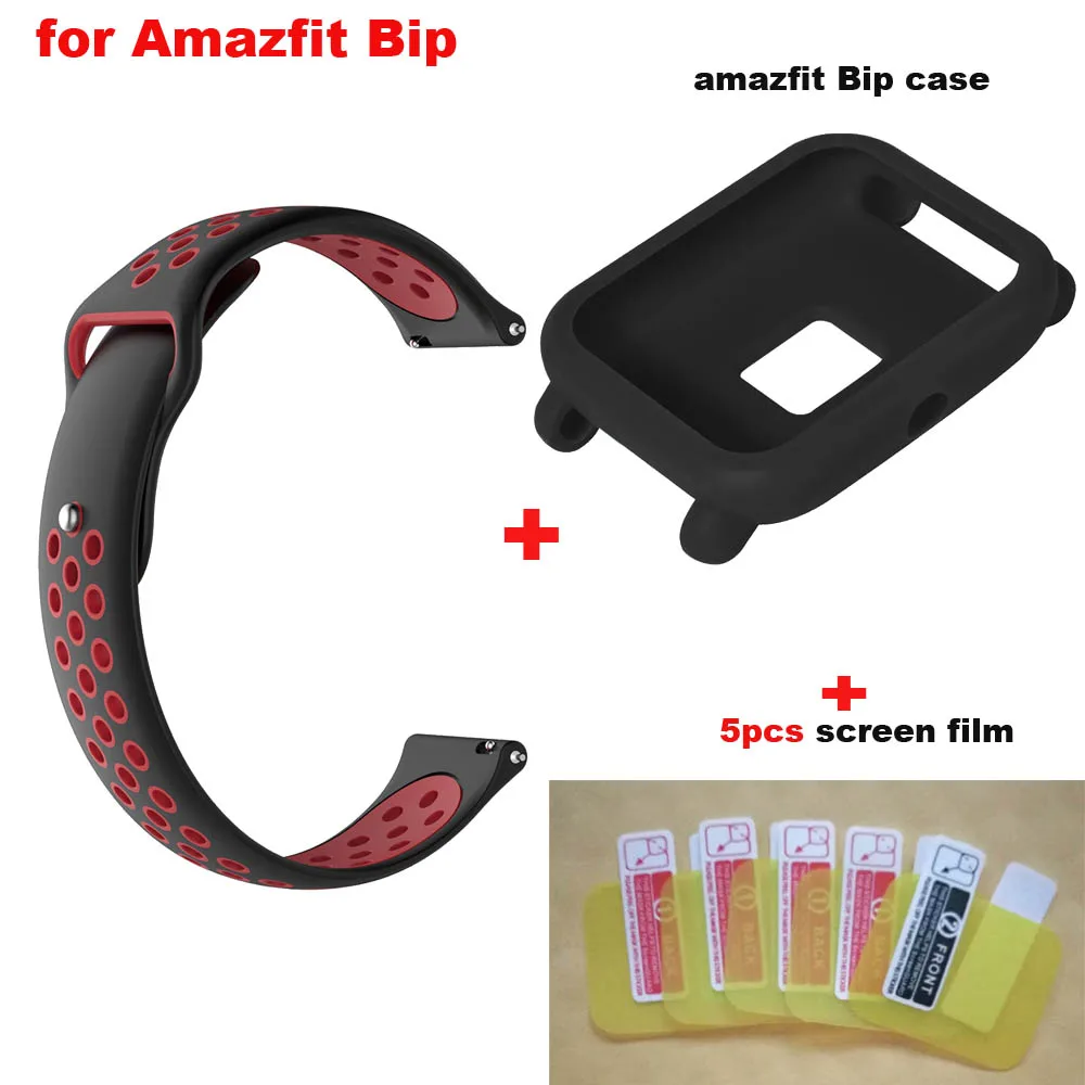 Black red-black Amazfit Bip защитный ремень Чехол пленка для экрана для Xiaomi Huami Amazfit Bip Lite часы с силиконовым ремешком на запястье чехол s пленка - Цвет: Black red-black