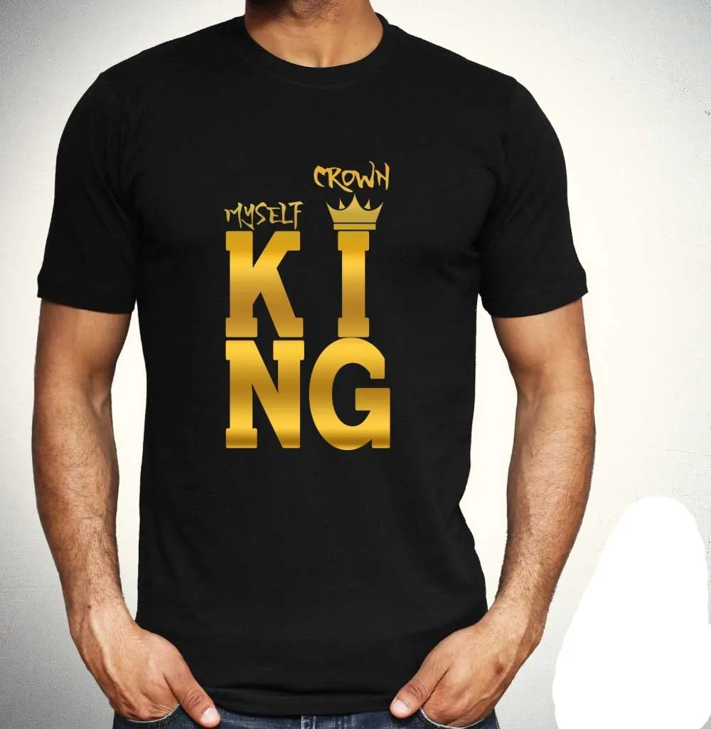 Men 2019 New Short Sleeve Crown My Self King T-Shirt Gold Print Fashion Tee design Black Gift Top Cotton T-Shirts | Мужская одежда