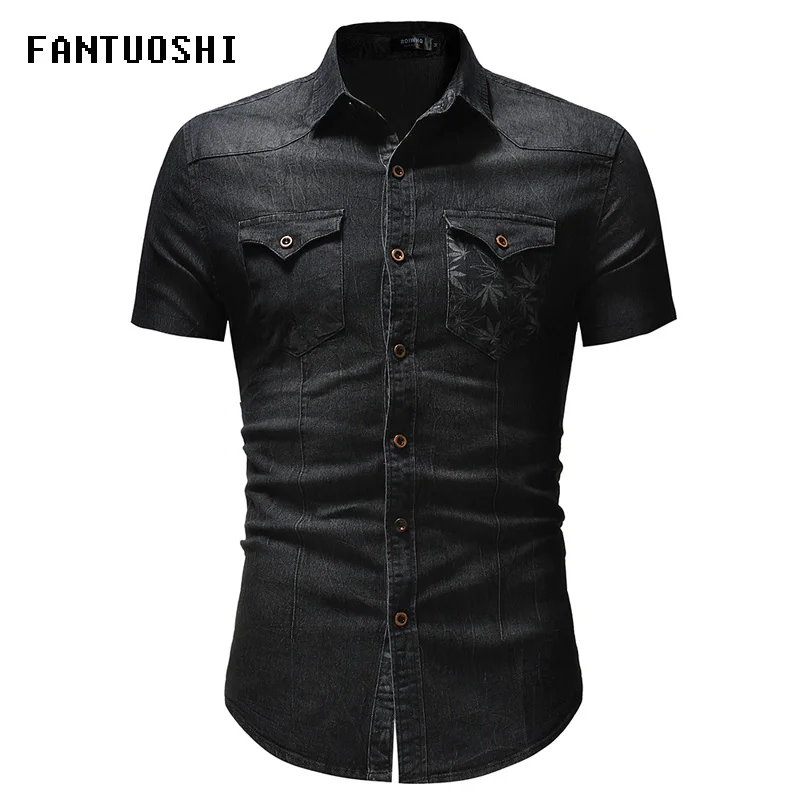 

Men Denim Shirt Summer New Fashion Denim Blue Shirt Double Pocket Design Casual Slim Short Sleeves Shirt size 3XL