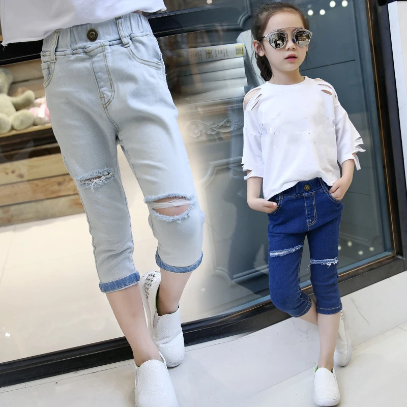 2018 г. модные детские рваные джинсы для Крупные девушки середине талии сплошной