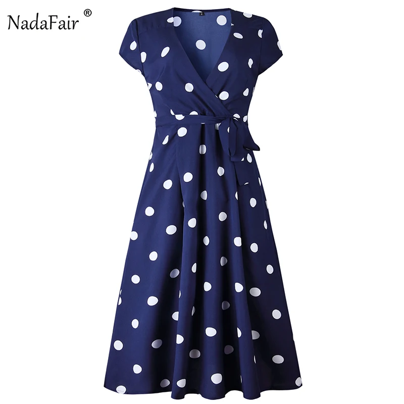 Nadafair, летнее платье в горошек, женское, короткий рукав, пояс, шнуровка, элегантное, бохо, Пляжное Платье, v-образный вырез, повседневное, миди платье, весна