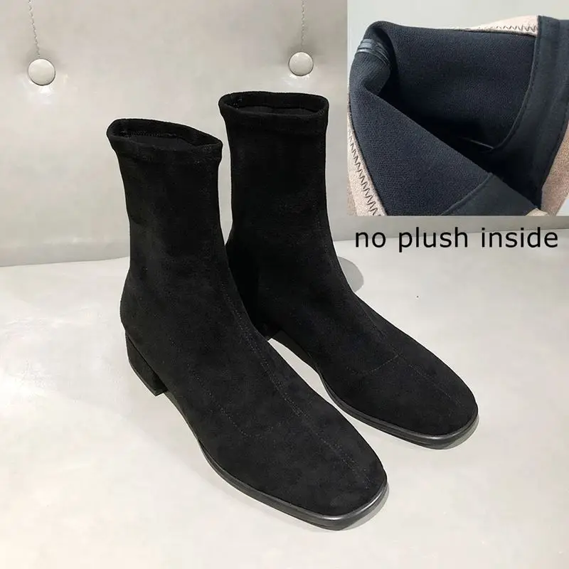 no plush inside ALLBITEFO/модные женские ботинки из эластичного материала на толстом каблуке; Высококачественная женская обувь на высоком каблуке; женские ботильоны - Цвет: no plush inside