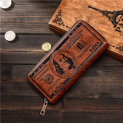 Dark Brown Творческий мужской бумажник в винтажном стиле с отделением для монет, на молнии Водонепроницаемый из искусственной кожи кошелек доллар узор длинные деньги держатель для карт клатч-кошелек - Цвет: Dark Brown
