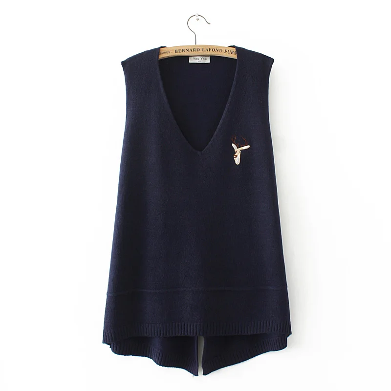 Plus size spring vest sleeveless sweaters 2018 dark blue gray Khaki Embroidered knitted V neck wool female top wear Pullovers | Женская