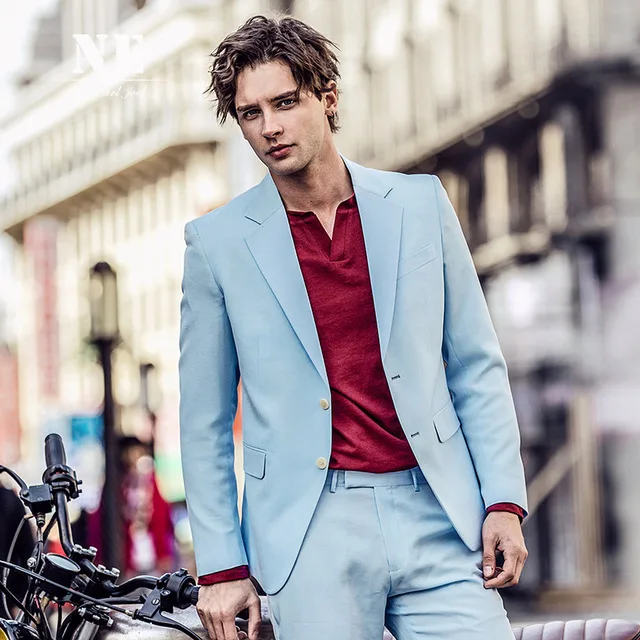 Сезон: весна–лето Для мужчин костюмы Голубой Slim Fit Smart Повседневное