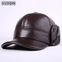 siloqin winter mens thicker plus velvet warm genuine leather baseball caps with earmuffs new brand leather cowhide hats for men