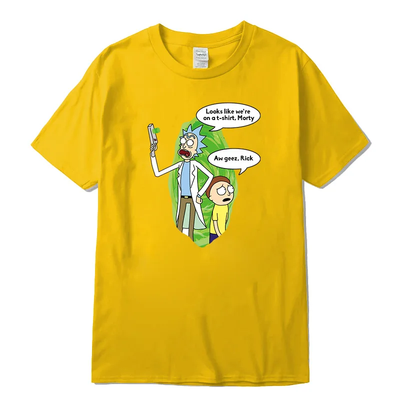 Yellow Высокое качество хлопок crewneck Рик и Морти забавная Мужская футболка с принтом Повседневная трикотажная Мужская футболка Топы летние новые мужские футболки - Цвет: Yellow