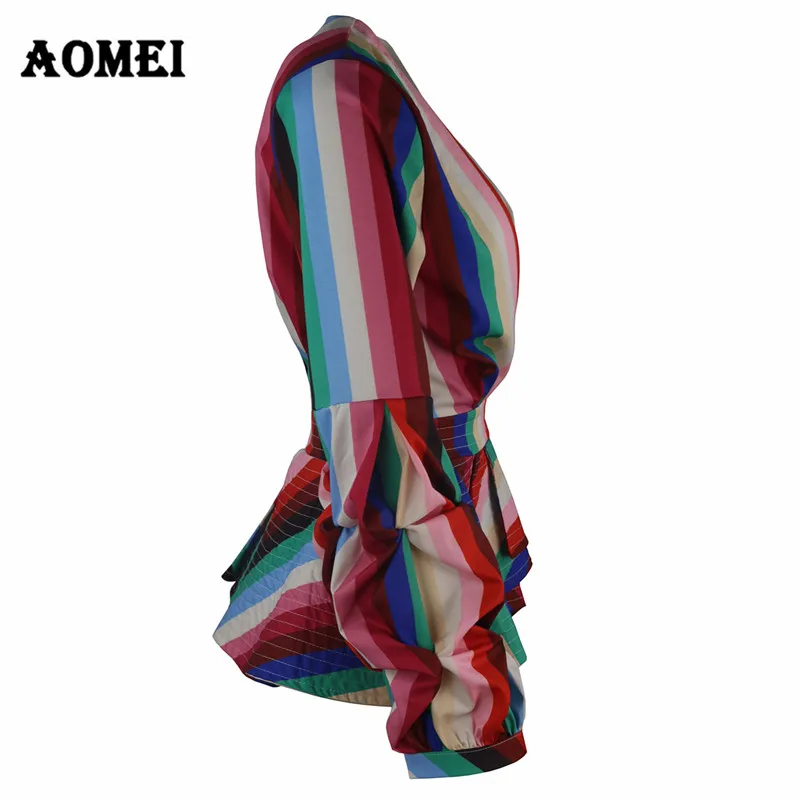 Женская блузка с баской топы в радужную полоску рубашки оборками сексуальная