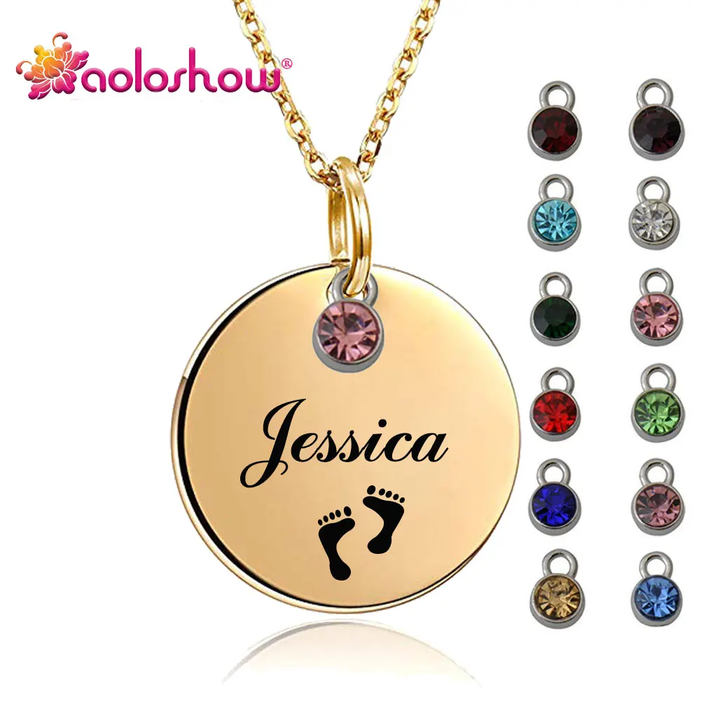 

AOLOSHOW Custom Name Necklace with Birthstone Engraved Monogram Initial Personal Disc Jewelry Birthday Valentine Gift 16mm 25mm