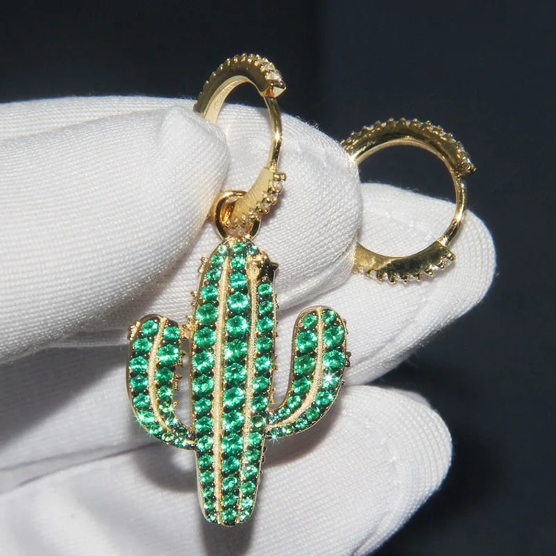 Серьги кактус женские Асимметричные из серебра 925 пробы с зеленым фианитом |