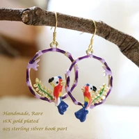fashion original design drop oil purple birds drop earrings retro antique hoop silver hook earring for women vintage jewelry