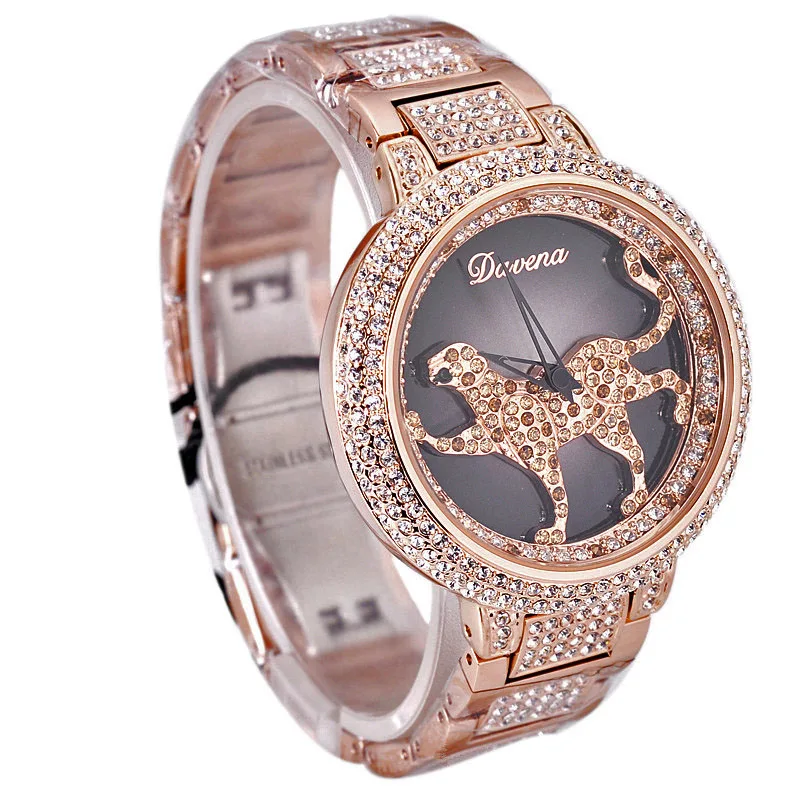 Женские часы с кристаллами Davena модные вращающимся леопардовым браслетом