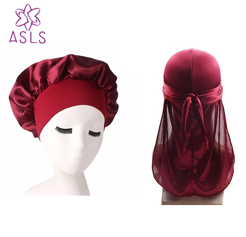 New Men and women Silk Durag Bandana Headwear Wide Doo Rag Bonnet Polyester Cap Comfortable Sleeping Hat 2pcs/lot