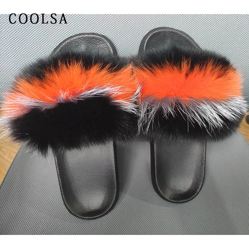 Coolsa/Лидер продаж; летние женские меховые тапочки; шлепанцы без задника с натуральным лисьим мехом; Дизайнерская обувь на плоской подошве; пушистые плюшевые туфли; женские комнатные тапочки; милые меховые тапочки; Pantufa - Цвет: Black white orange