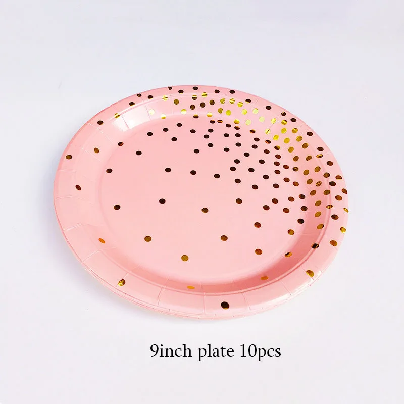 9inch 10pcs Золотой фольга в горошек розовый белый одноразовый набор посуды бумажный лоток стаканчики посуда бумажный лоток Свадебные украшения на день рождения - Цвет: 9inch 10pcs