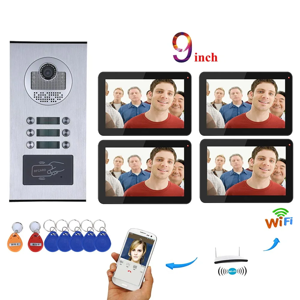 MOUNTAINONE видеодомофон 4 квартиры 9 дюймов Wifi видео домофон система RFID IR CUT HD 1000TVL