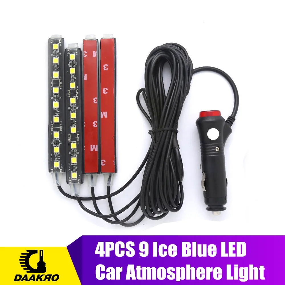 4PCS Ice Blue 9 LED Charger Interior Light Accessories Car SUV Floor Decorative Set 10W Decorative Atmosphere Lamp