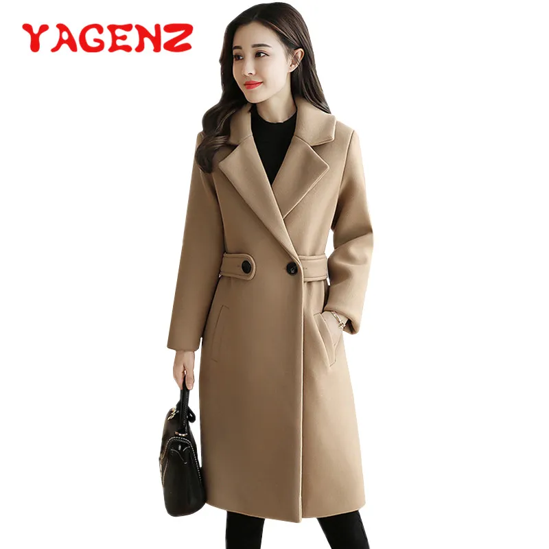 YAGENZ Autumn Wool Long Coat Women Jacket Casual Double Windbreaker Woolen Outwear Elegant V-neck Bayan Mont 424 | Женская одежда