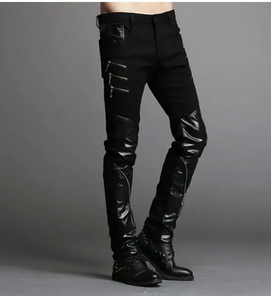 Мужские брюки 2018 модные трендовые мужские облегающие мотоциклетные кожаные на
