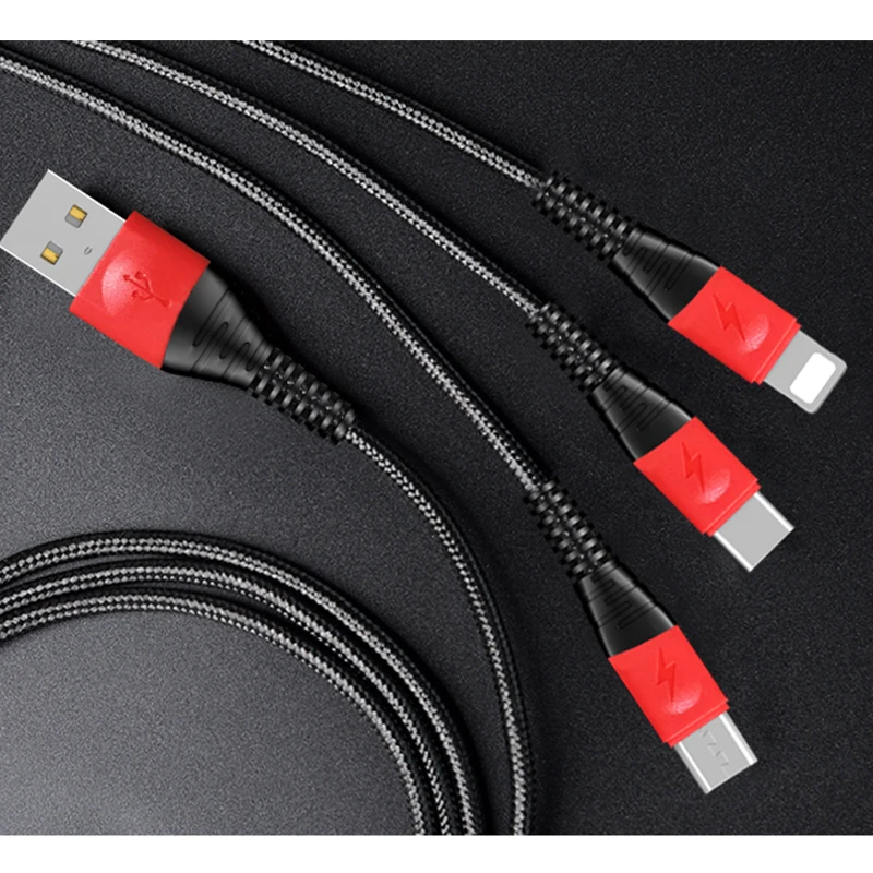 2 цвета черный + красный 3 в 1 USB кабель для iPhone 12 11 Pro Micro Тип C 2.4A провод Xiaomi Samsung S9