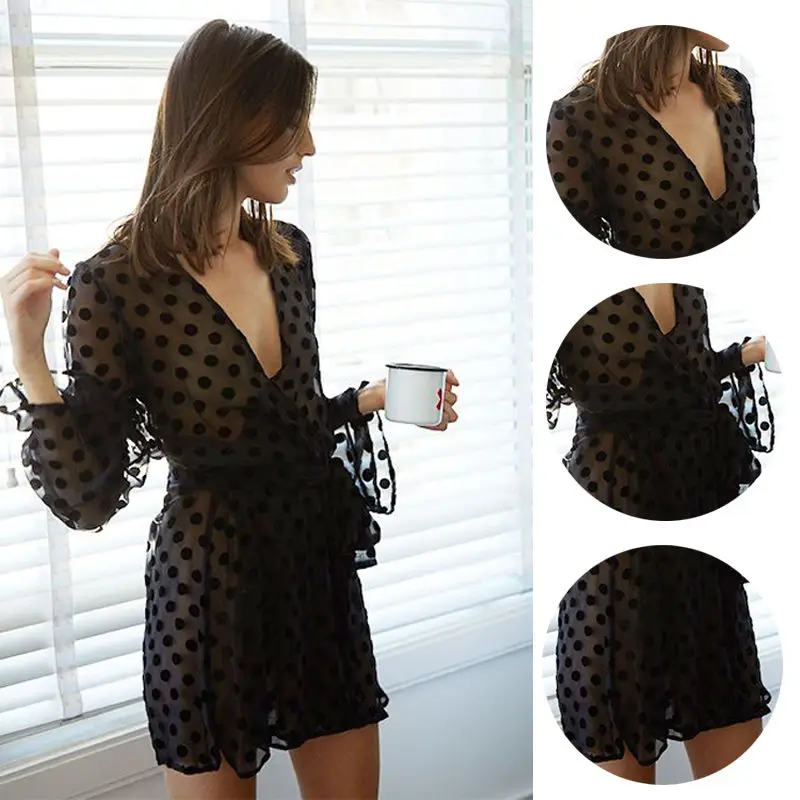 2019 Sexy Women's Beachwear Beach Cover-Ups Lingerie Lace Floral Dress Black Dot Print Transparent Women Clothes | Женская одежда