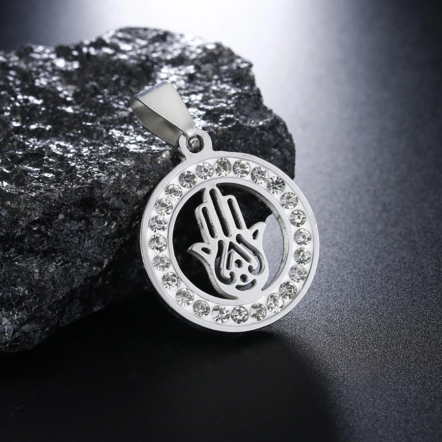 HOBBORN Trendy Hand of Fatima Amulet Women Necklace Stainless Steel Full Crystal Link Chain Fashion Men Pendants &amp Necklaces | Украшения