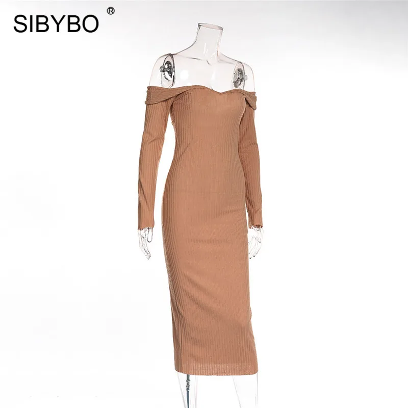 Женское длинное платье из хлопка Sibybo, вечернее платье с V-образным вырезом и открытыми плечами, с длинными рукавами, удобное прямое обтягивающее платье, для ношения осенью и зимой