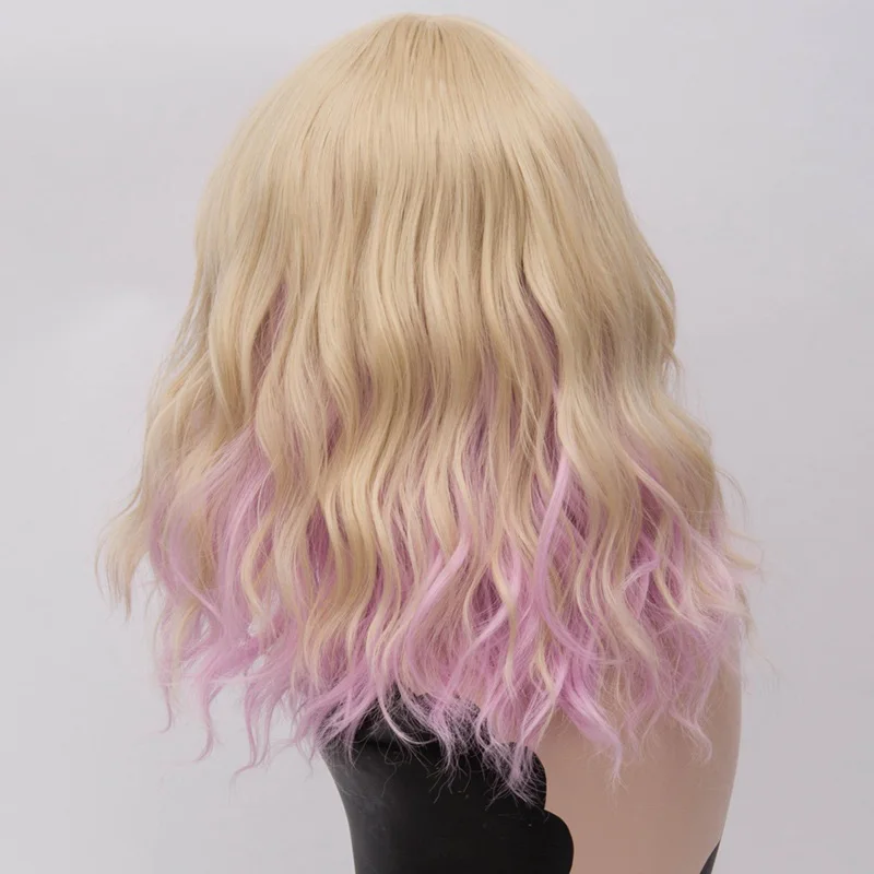 yellow pink MSI Wigs два тона Короткие Косплей парики для женщин розовый белый волнистые Ombre парик с челкой Фиолетовый Омбре натуральные синтетические волосы парики - Цвет: yellow pink