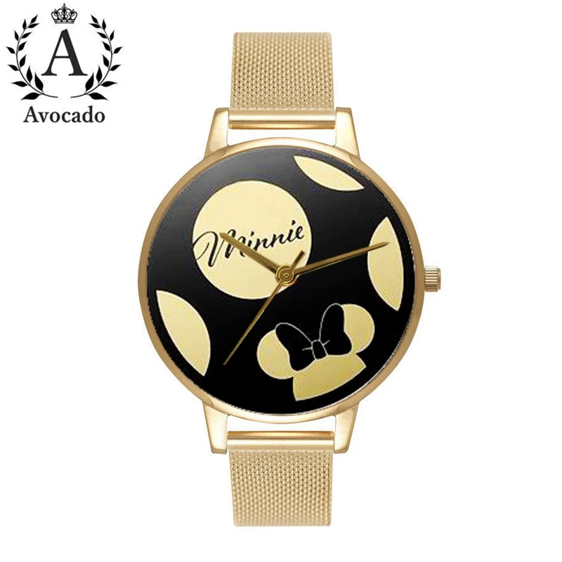 Avocado Mickey& Minnie Cartoon Watches Gold Mesh Belt Kids Watch For Women Female Ladies Students Girl Clock Gift