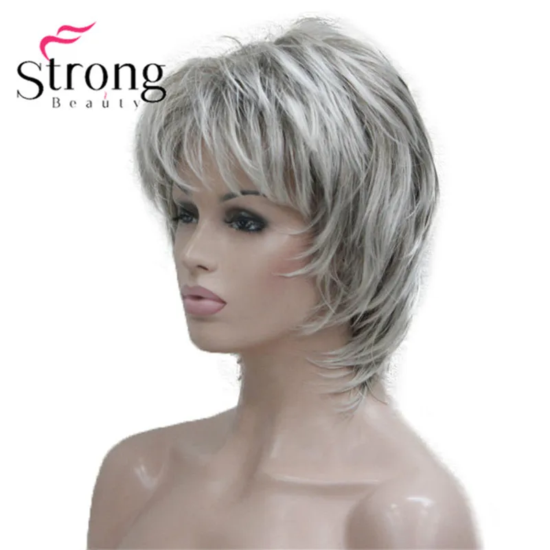 StrongBeauty короткий Мягкий Лохматый слоистый Серебряный микс Классический колпачок полный синтетический парик для женщин парики Светлые цвета на выбор