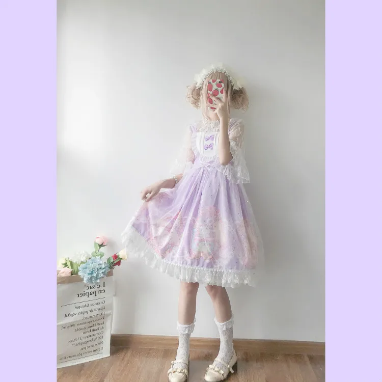 Kawaii японская Лолита АО платье женская летняя обувь мягкой сестра ветер милые с рисунком кошки с бантом в стиле «лолита» с ремешком и милым милое платье