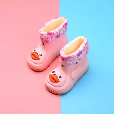 pink Детские теплые меховые непромокаемые сапоги для мальчиков и девочек; резиновые сапоги с героями мультфильмов; прозрачная обувь; детская водонепроницаемая обувь; резиновые сапоги с хлопковой подкладкой - Цвет: pink