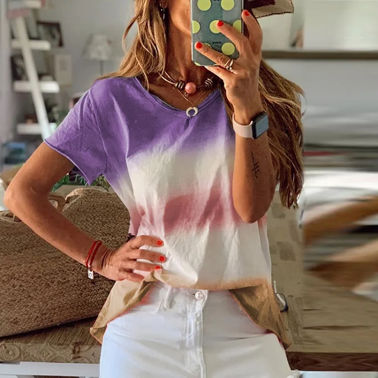 05 Purple Viensta, 29 цветов, модная, градиентная, цветная, с принтом, блузка, рубашка, для женщин, плюс размер, Круглый ворот, летние топы, новинка, короткий рукав, Boho Blusas, 5XL - Цвет: 05 Purple