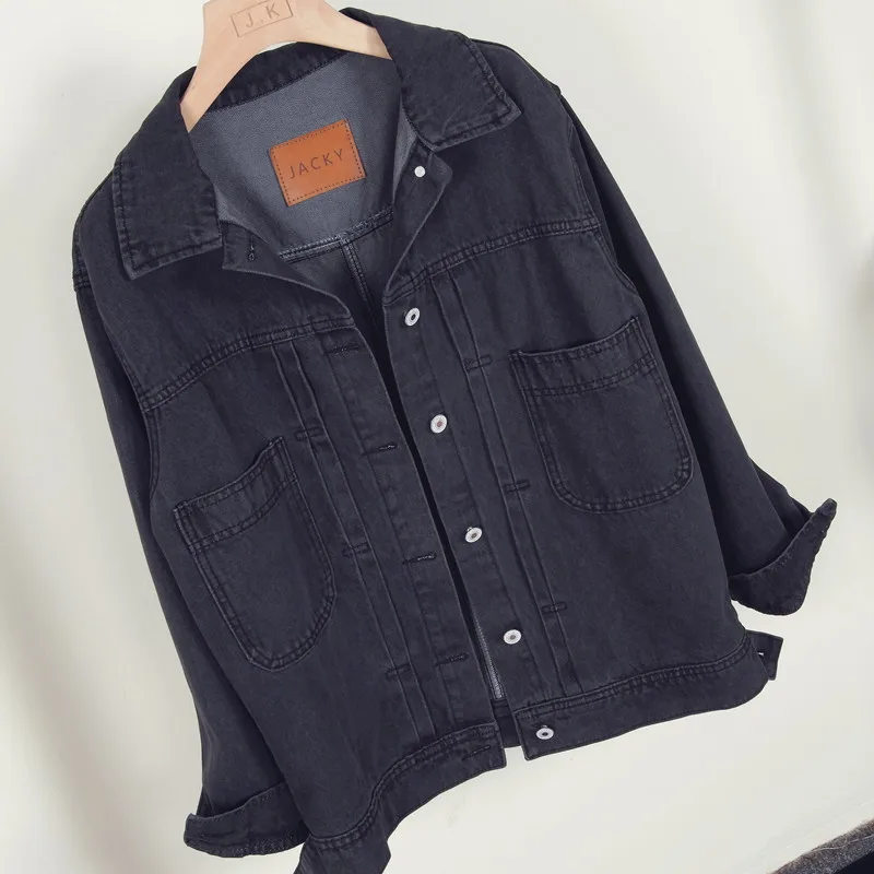 Vintage Long sleeve Black Denim Jacket Women Basic Coat Spring Autumn Short Jeans Outwear Loose Turndown Ladies Jean | Женская одежда