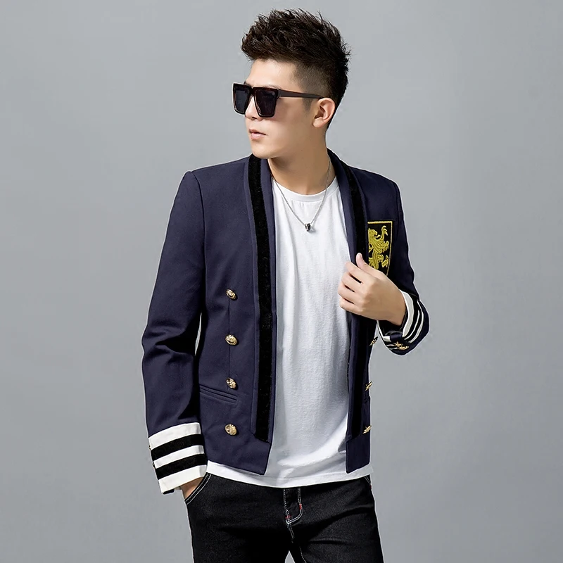 Новинка 2018 осенняя мужская куртка модная индивидуальная с вышивкой повседневный Тонкий маленький костюм