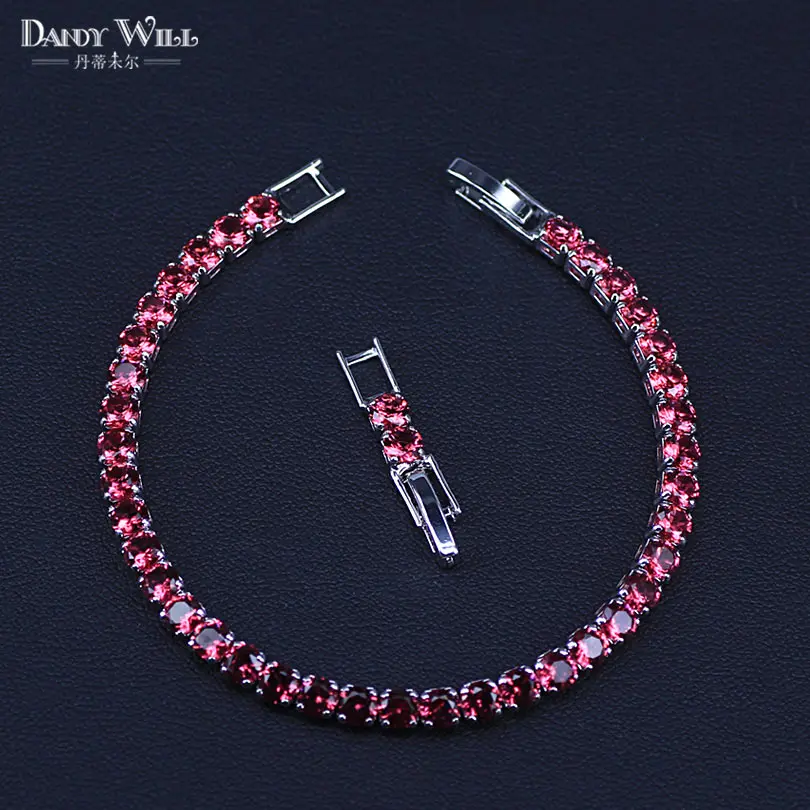 Rose Red Модный Королевский Теннисный браслет для женщин, серебряный цвет, Большой кубический цирконий с розово-красным камнем, вечерние ювелирные украшения - Окраска металла: Rose Red