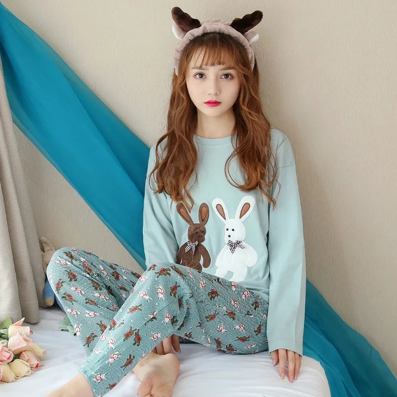 Женские пижамные комплекты Осень-зима 2018 вязанная хлопковая спальная Пижама с